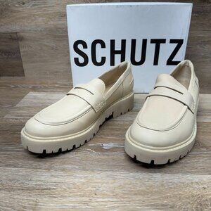 Schutz Christie Weekend Eggshell Leather Lug Sole Loafers Women's Size 9…